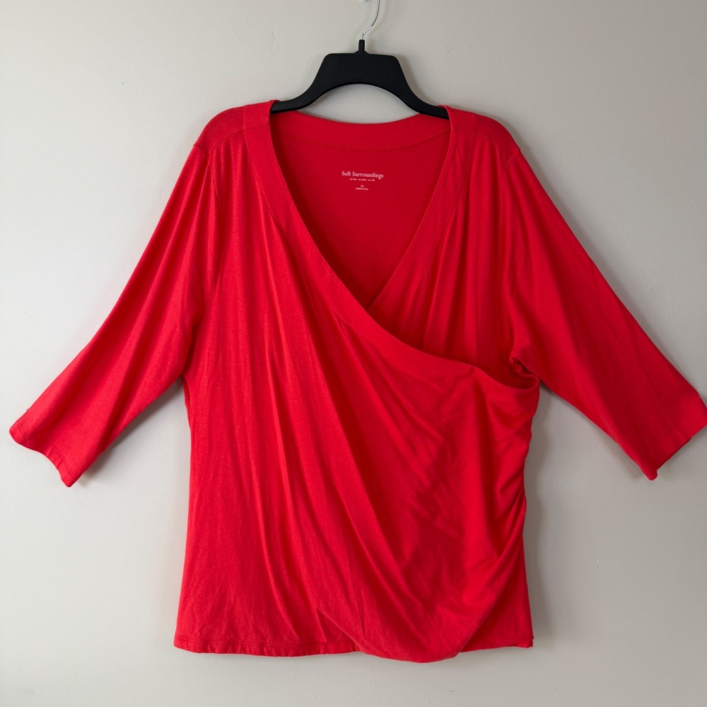Soft Surroundings (2) Faux Wrap 3X Pima Cotton Modal Ruched 3/4 Sleeve Tops - Picture 2 of 12